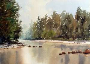 Watercolor painting of reflections of trees on river surface. Color dropped in on wet river area.