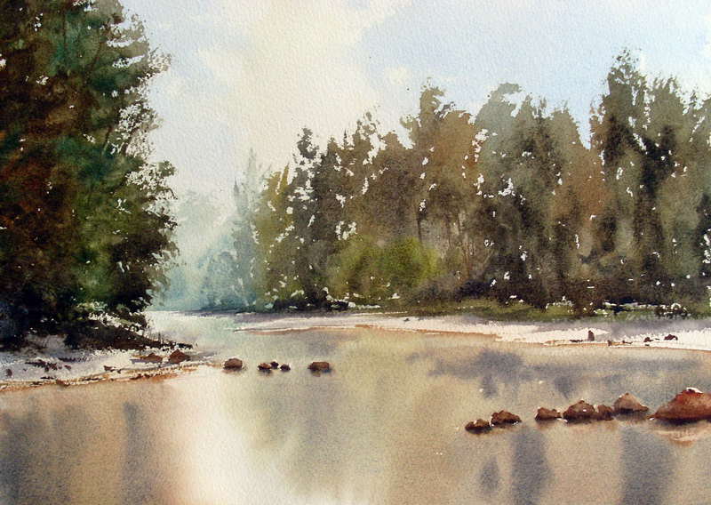Watercolor painting of reflections on river.
