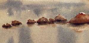 Watercolor painting of rocks in river with their reflections