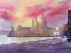 Painting the buildings of Santa Maria Della Salute with a watercolor glaze
