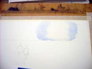 Paint cobalt blue watercolor mix away from sun wet on wet for soft edges