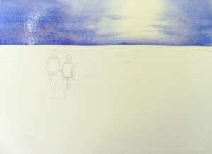 Finish the blue sunset sky with the French Ultramarine and Alizarin mix to the left and right and drop in some cloud shapes in the sun area.