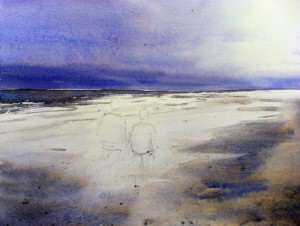 Painting the sea and waves breaking on beach with watercolor paints