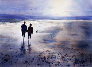 Watercolor painting of sunset reflections of people on wet sandy beach with pebbles