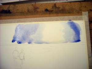 Add the Cobalt Blue and Alizarin watercolor mix to either side of the painted area