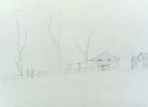 Drawing for watercolor landscape painting of light over old shearing shed