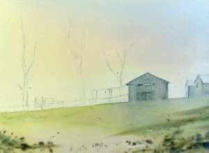 Watercolor painting the foreground shed and ground