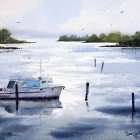 Watercolor Paintng Tea Gardens sunrise with house boat on Myall River