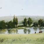 Plein air painting with watercolors of Pond reflections cows hills and trees