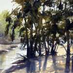 Watercolor plein air painting light through trees beside Grose River by Joe Cartwright